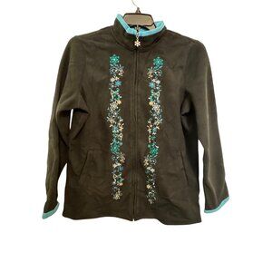 Denim & Co. Black Fleece Jacket With Embroidered Snowflake Floral Design Full Zi